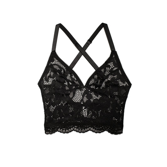 Black lace bralette with thin adjustable straps and a crossover back design, shown flat on a white background.