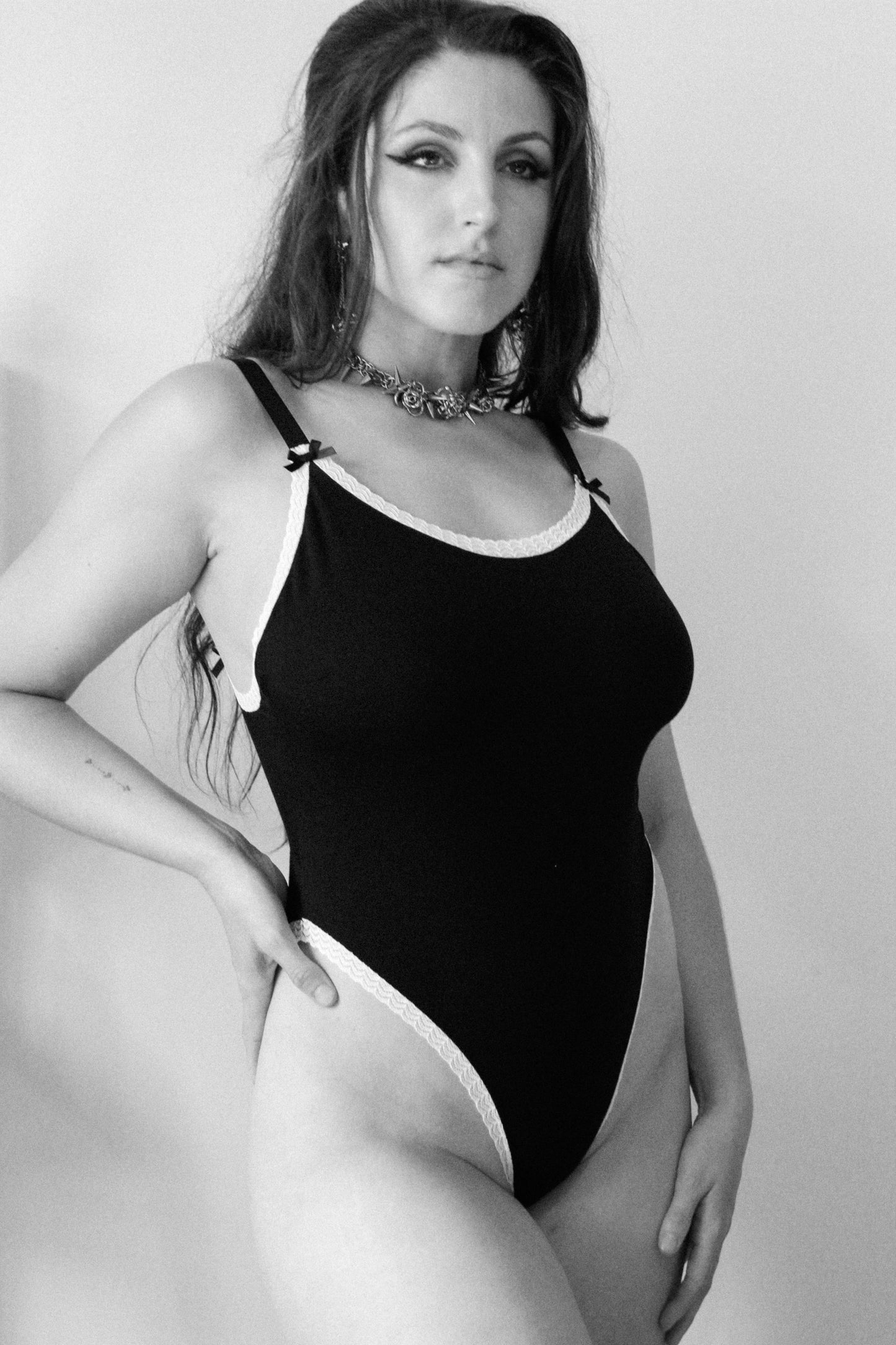 Denise Bodysuit Black Modal with Lace Trim