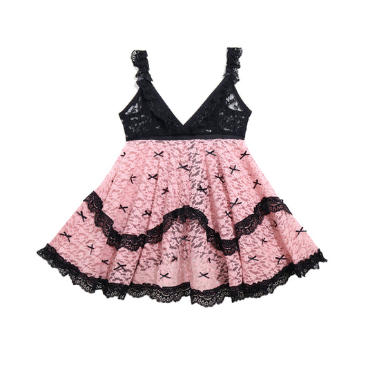 Pepper Babydoll Pink Lace and Black Bows