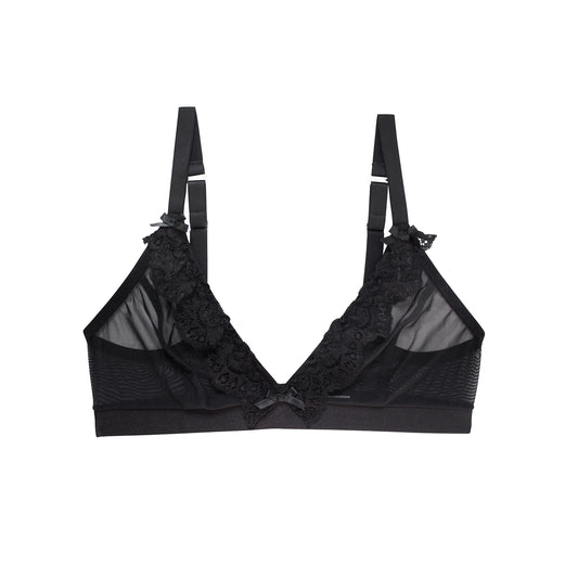 Sally Bralette Black Mesh with Lace Frill