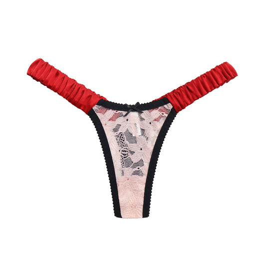 Scrunch Side Thong Pink Lace and Red Silk