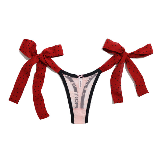 Tie Side Thong Pink Lace and Red Ties