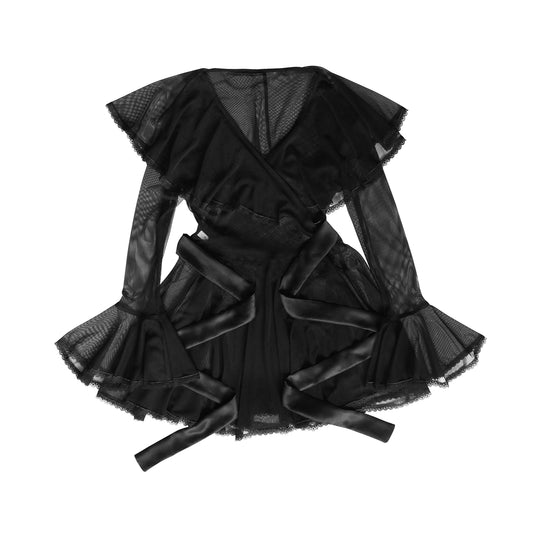 Claudette Dressing Gown Black Mesh with Lace Trim