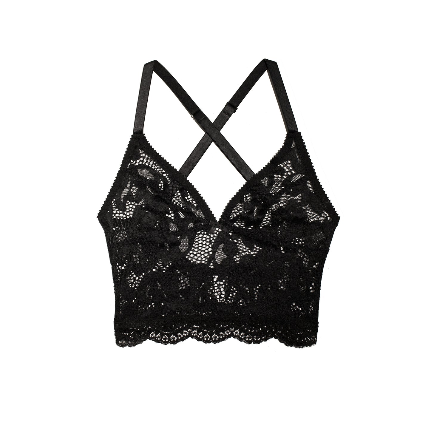 Black lace bralette with thin adjustable straps and a crossover back design, shown flat on a white background.