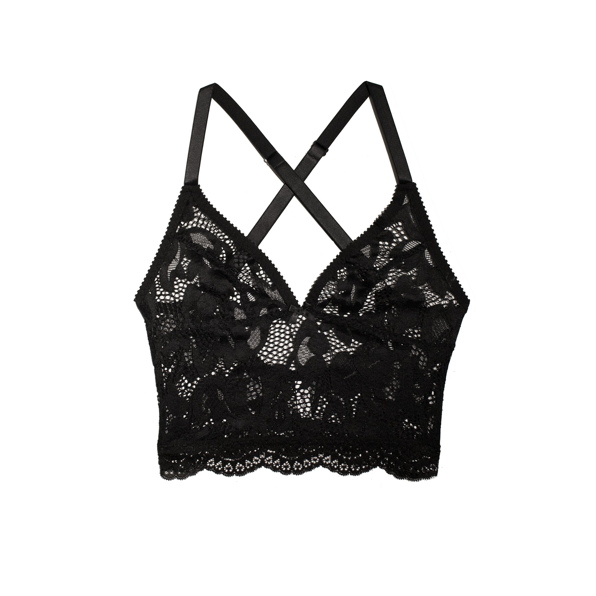 Black lace bralette with thin adjustable straps and a crossover back design, shown flat on a white background.