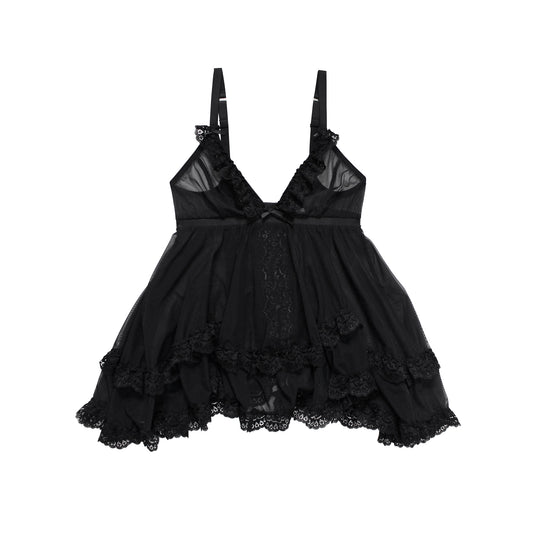 Estelle Babydoll Black Mesh with Lace Frill