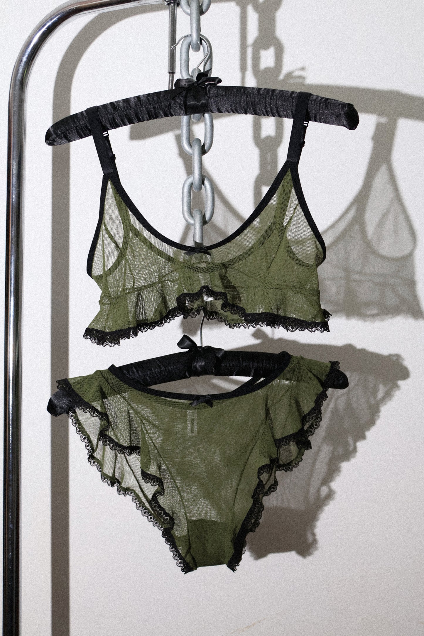 Mary Celeste Cami Green Mesh Black Lace