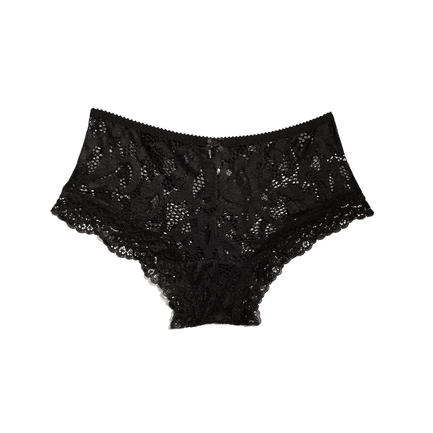 Black lace high-waisted briefs with a scalloped edge, displayed flat against a solid white background.