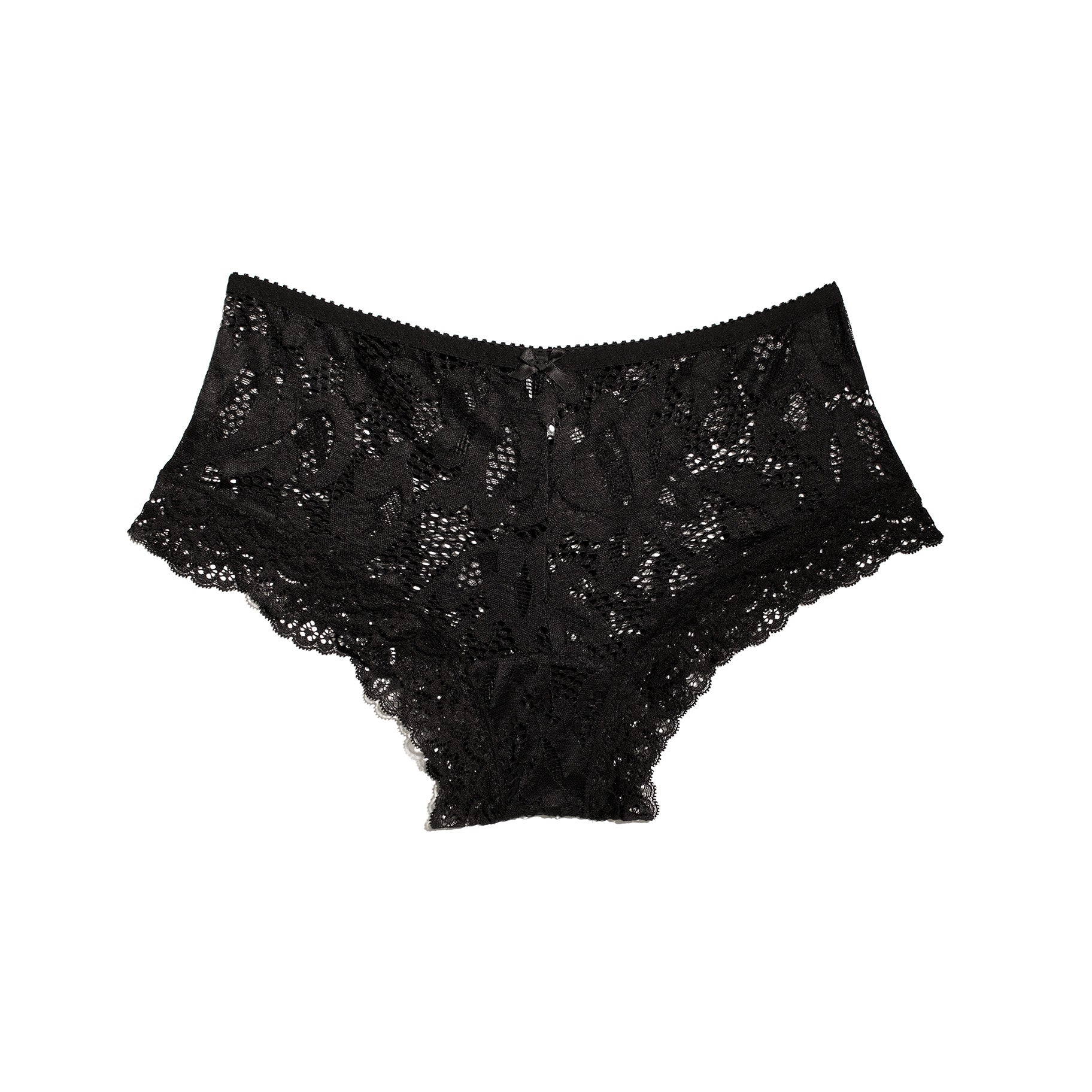 Black lace high-waisted briefs with a scalloped edge, displayed flat against a solid white background.