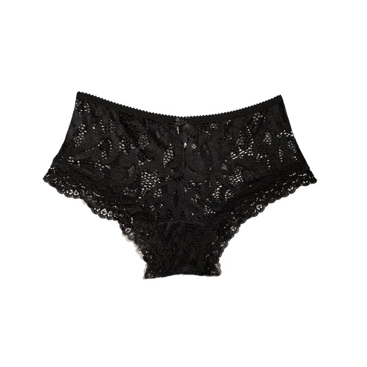 Black lace high-waisted briefs with a scalloped edge, displayed flat against a solid white background.
