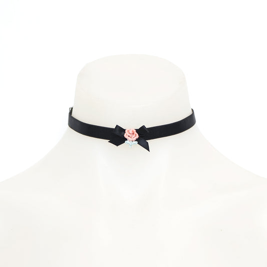 Lita Choker Black Bow with Peach Embroidered Rose