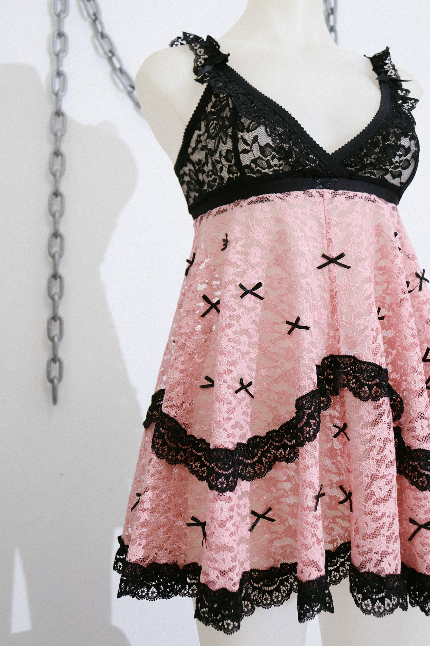Pepper Babydoll Pink Lace and Black Bows