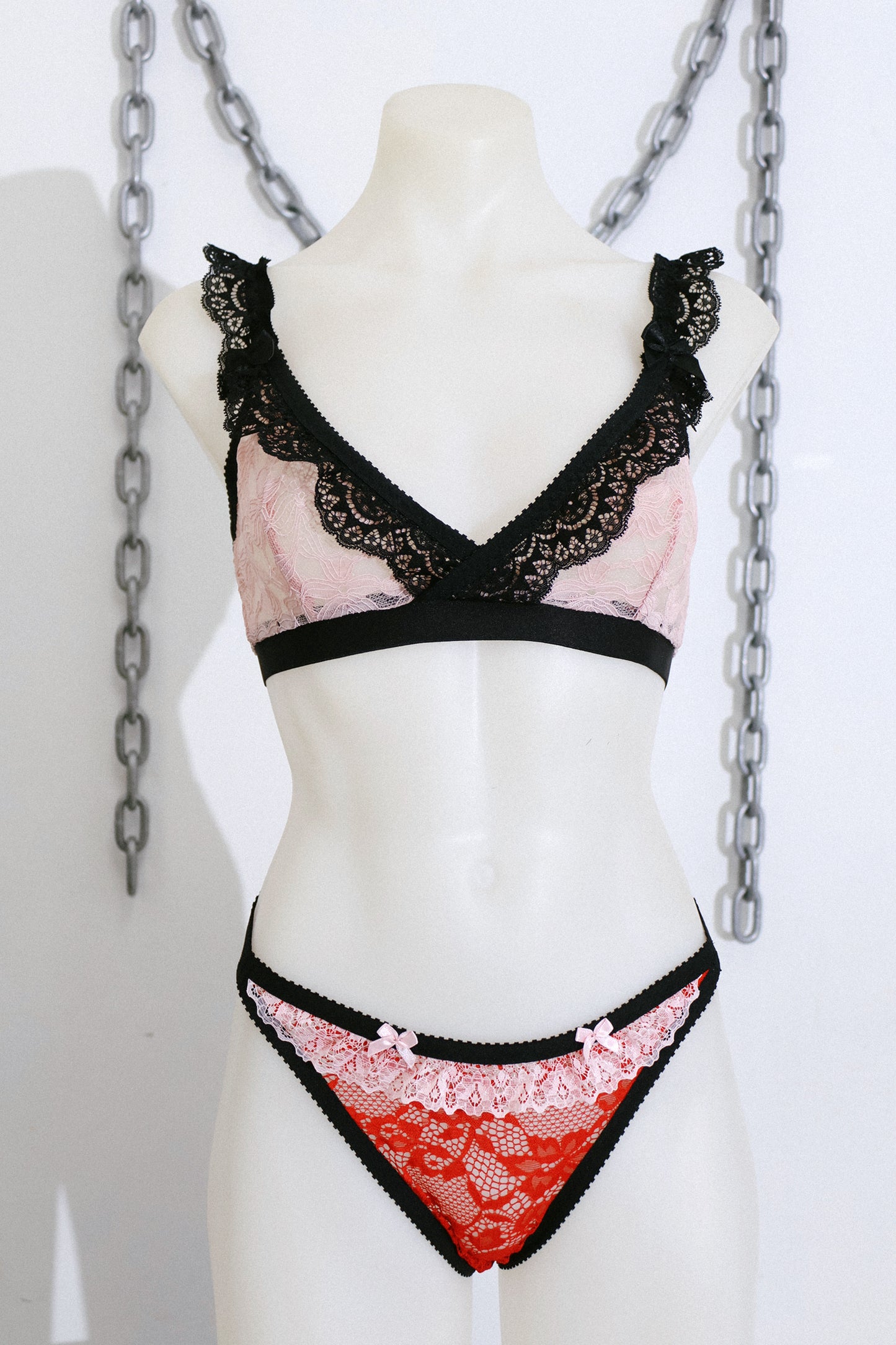 Tessa Bralette Pink Lace and Black Trim