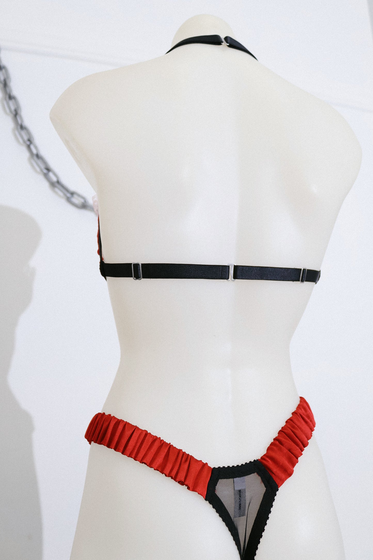 Scrunch Side Thong Pink Lace and Red Silk